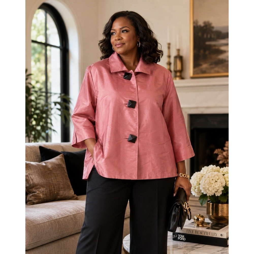 Painted Pony Women's Shantung Jacket S Pink Black Statement Buttons Artwear